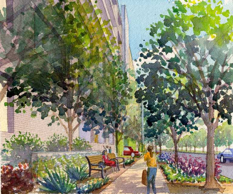 Kaiser Westside garage pedestrian watercolor rendering