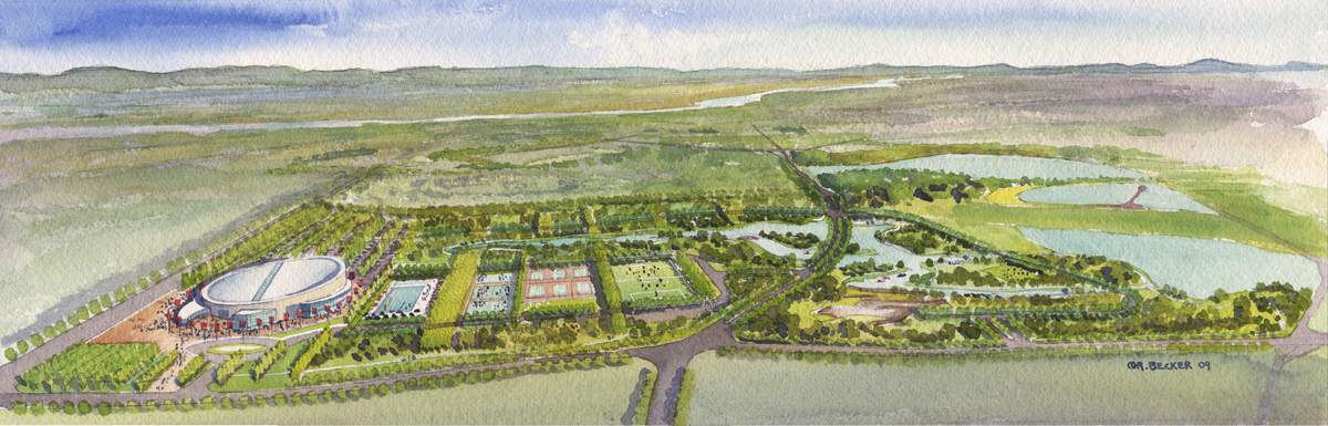 Sanshui Sports Park aerial watercolor rendering