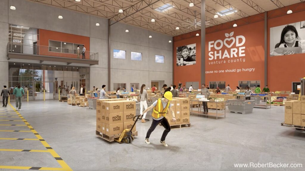 Interior rendering of the Food Share Ventura County warehouse floor with staff moving pallets