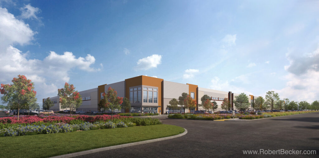 Exterior rendering of the Albrae and Encyclopedia industrial warehouse in Fremont, CA for Scannell Properties