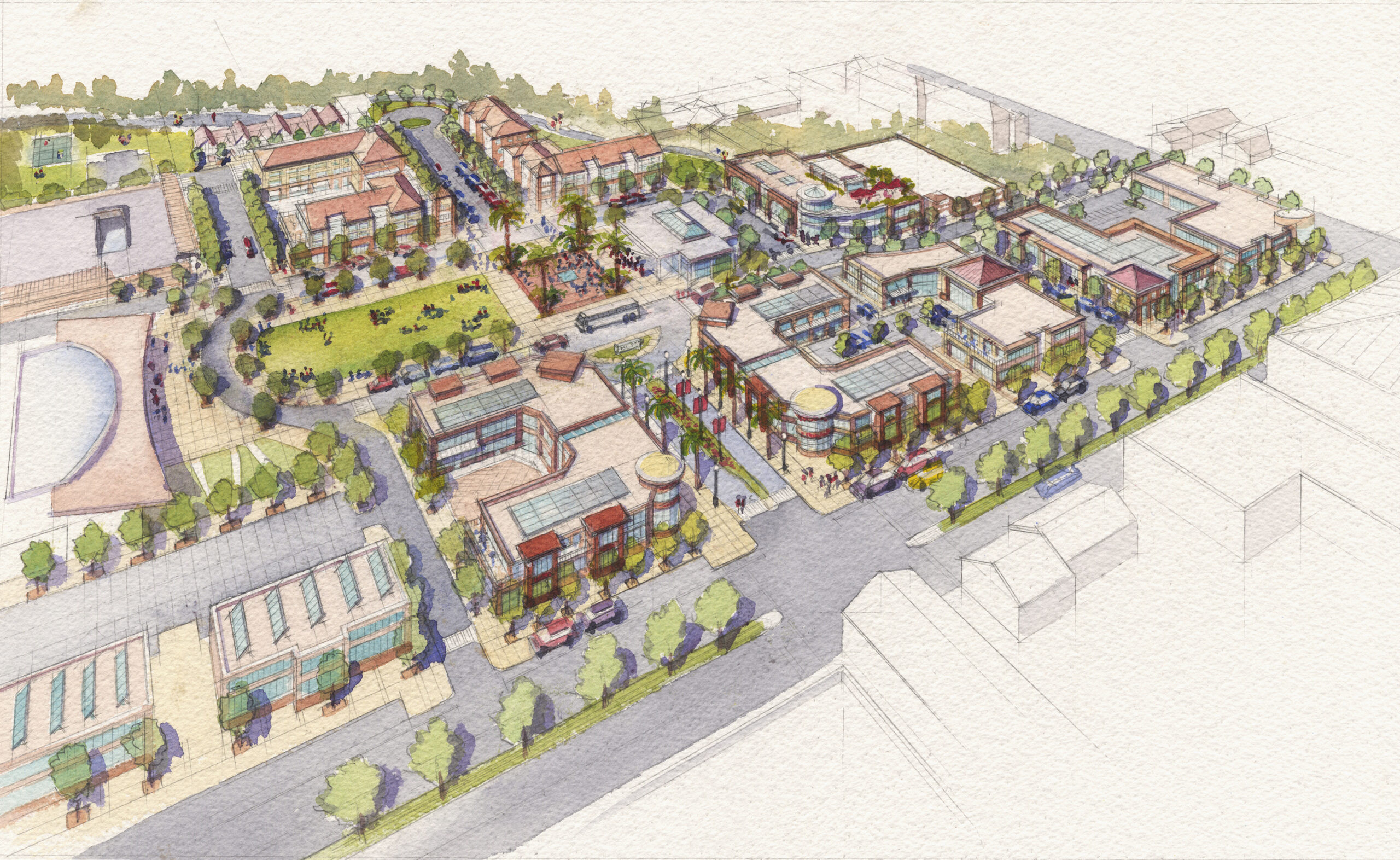 Circle S aerial master plan watercolor rendering