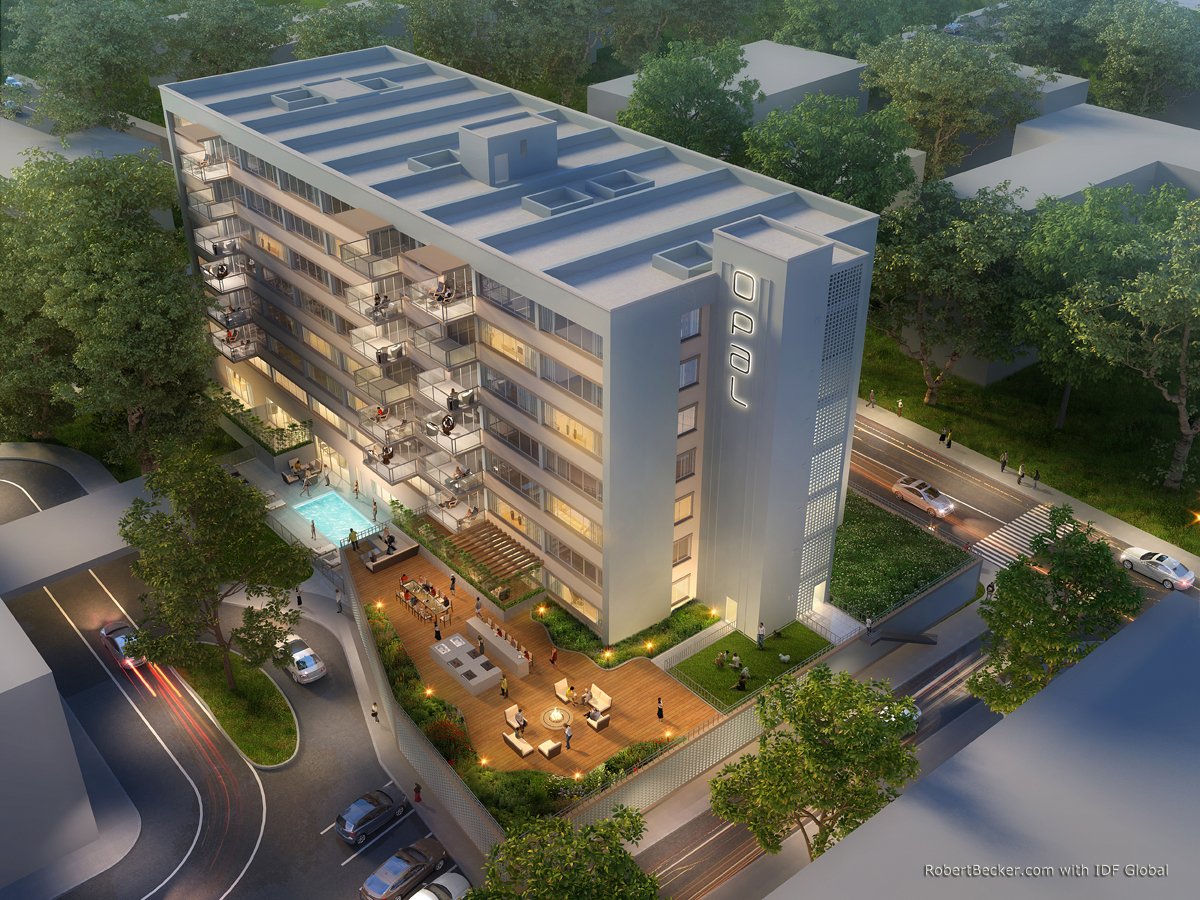 Burlingame Towers dusk aerial rendering