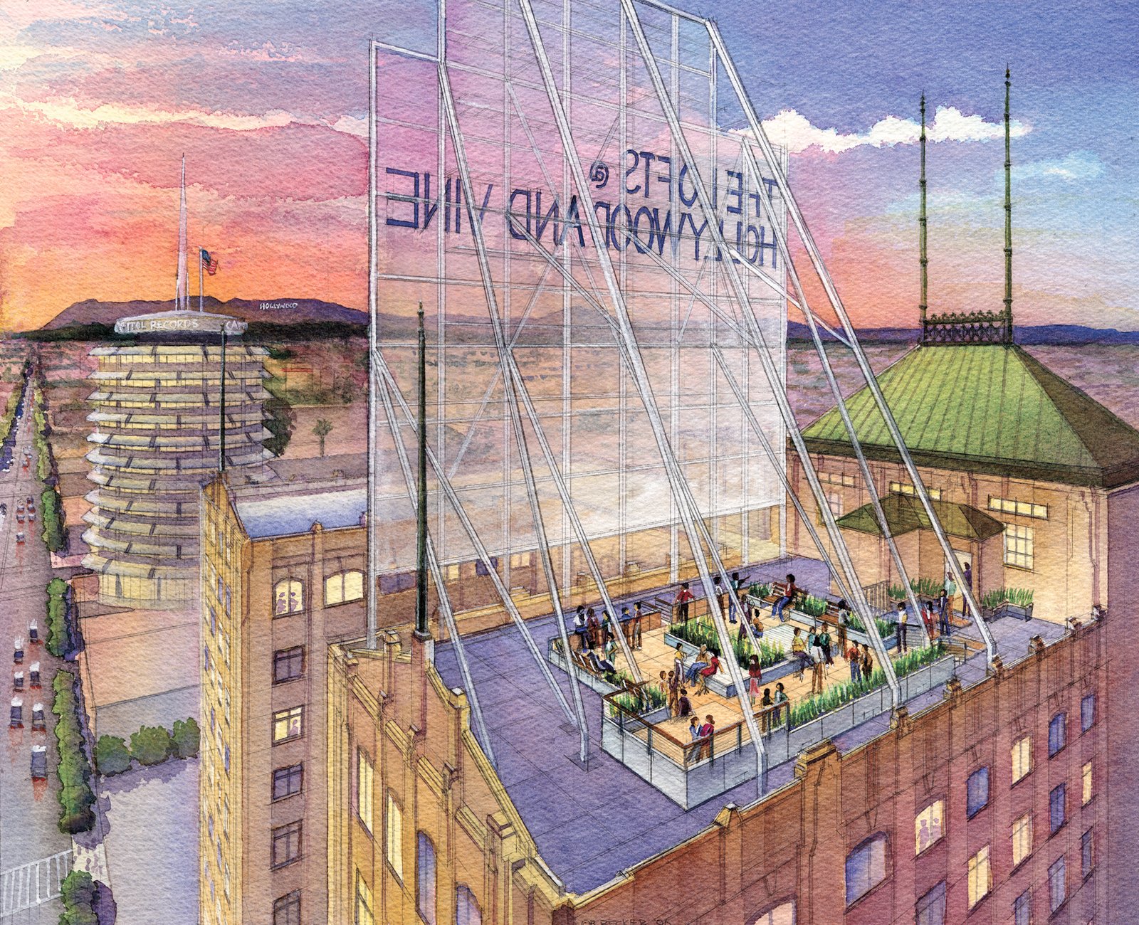 Hollywood and Vine roof deck watercolor rendering