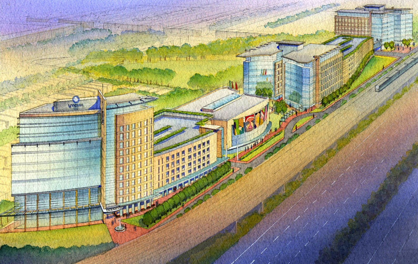 KMD Daly City aerial master plan watercolor sketch