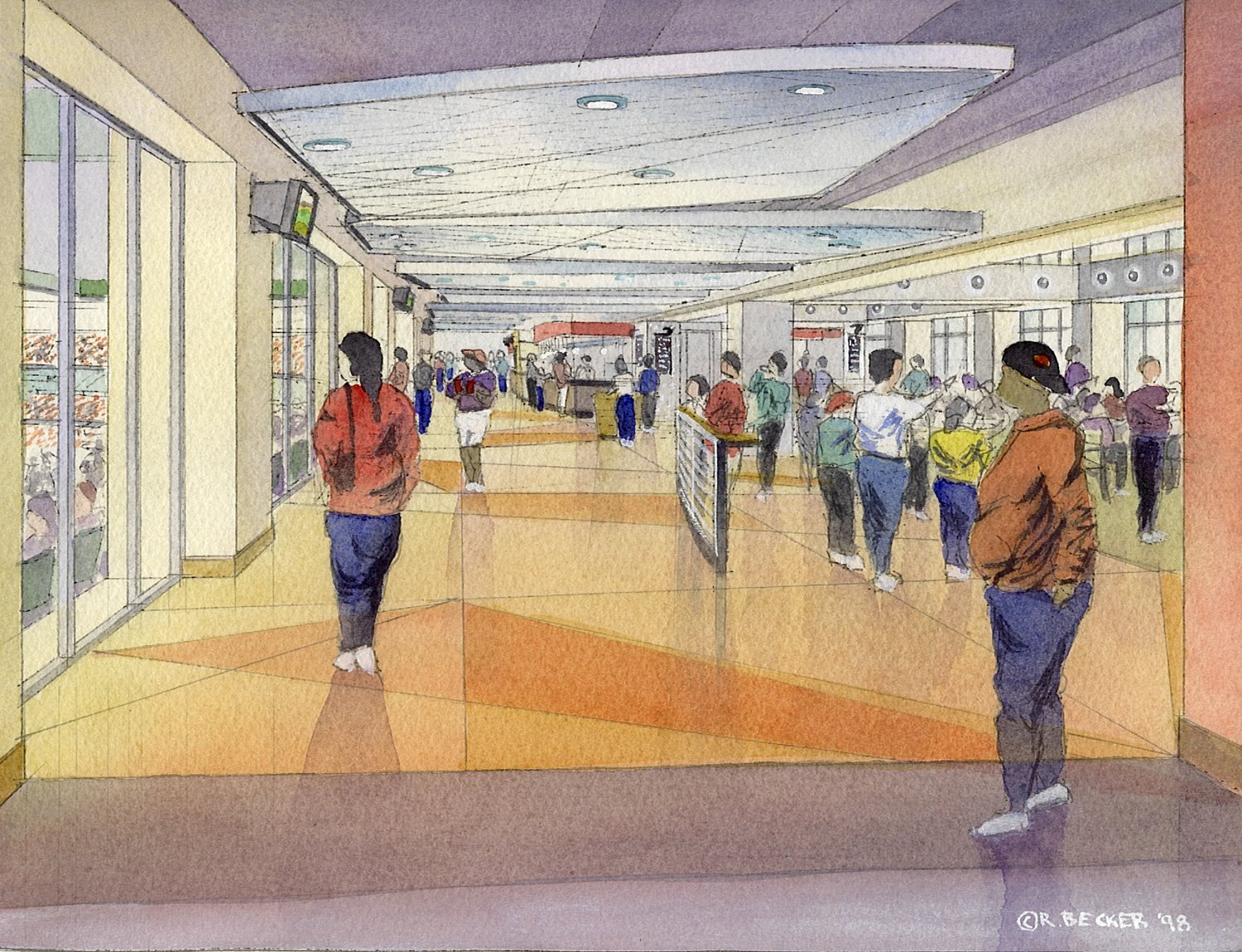 Pac Bell Club Corridor watercolor view 2