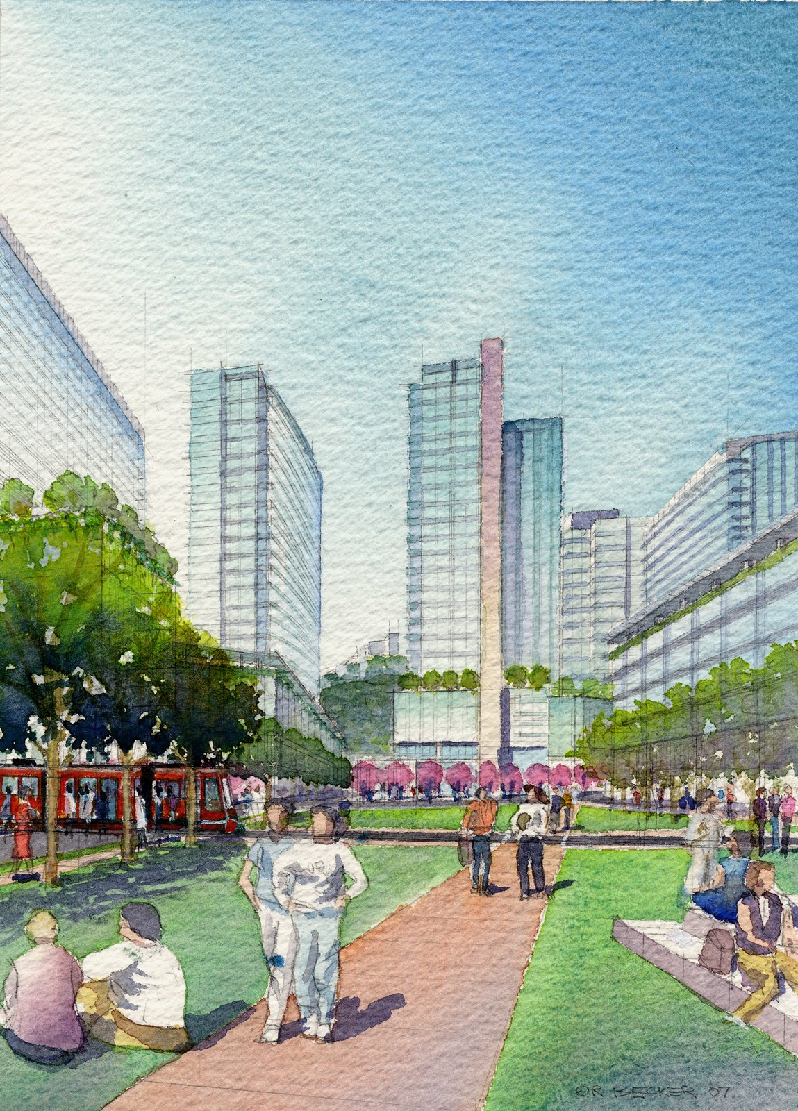 OHSU Schnitzer Green watercolor sketch rendering
