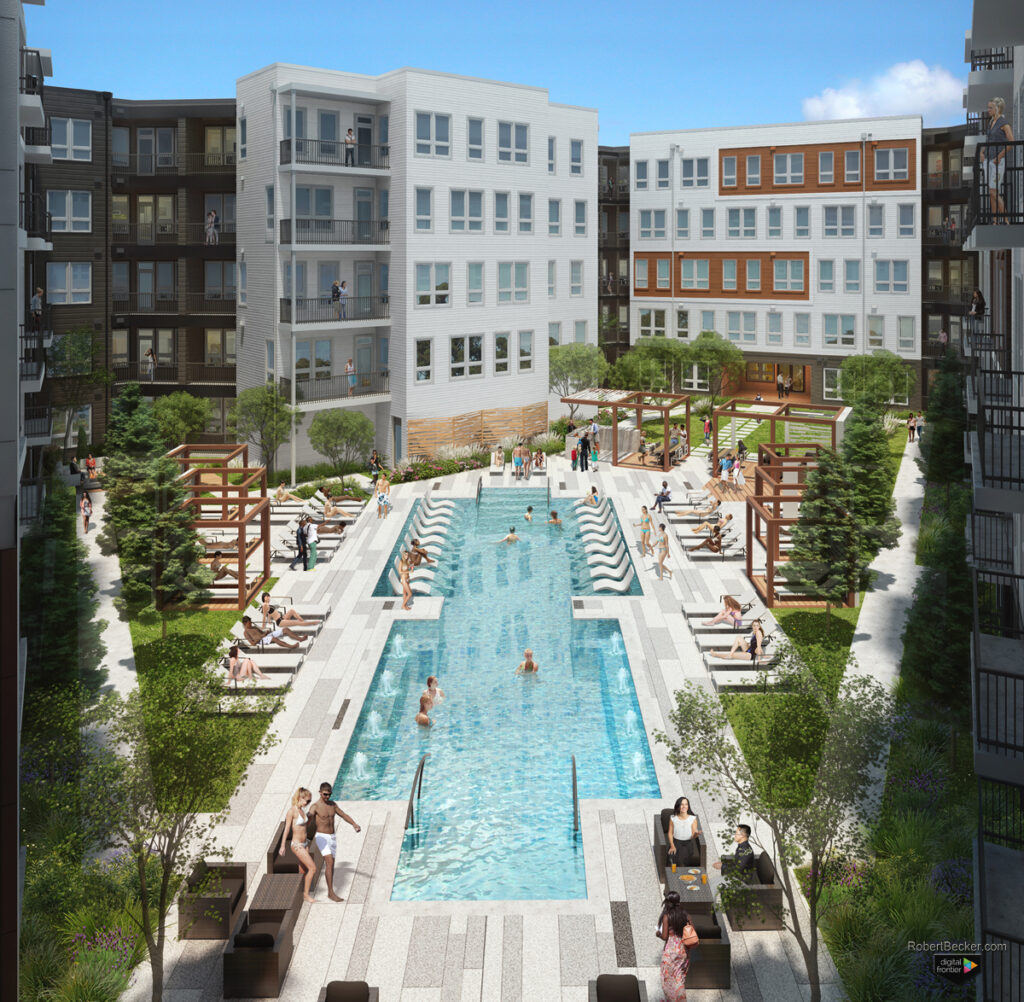 Novel Montford Park pool amenity rendering, Charlotte NC