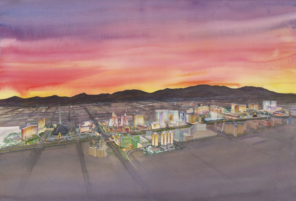 Watercolor aerial rendering of the Las Vegas Strip skyline at sunset