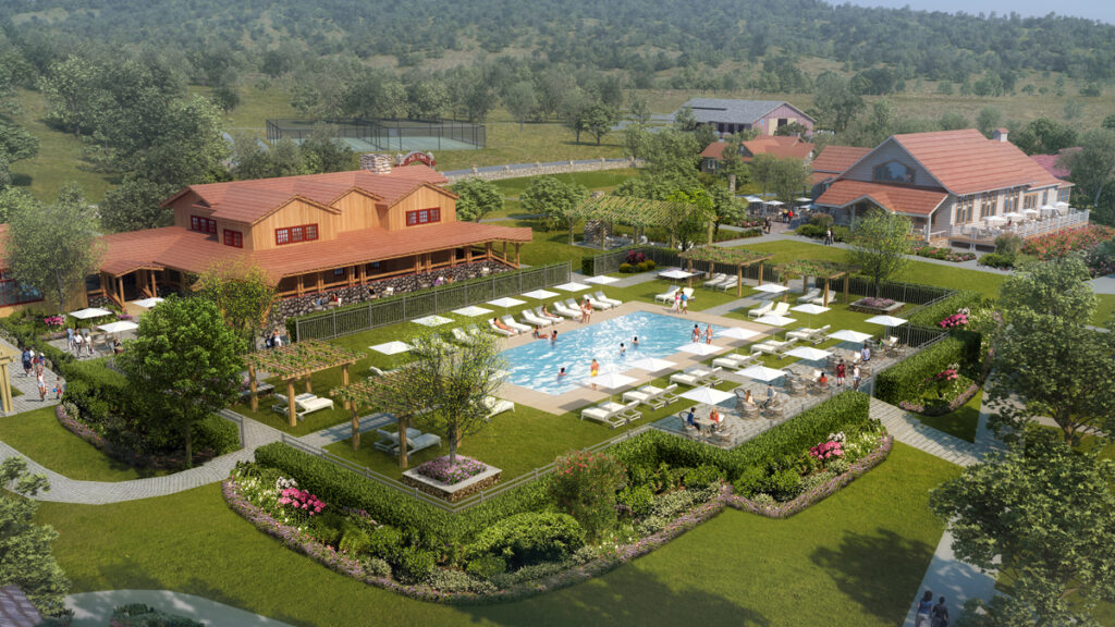 Aetna Springs Resort aerial dusk rendering. Napa County, CA. Aerial Rendering