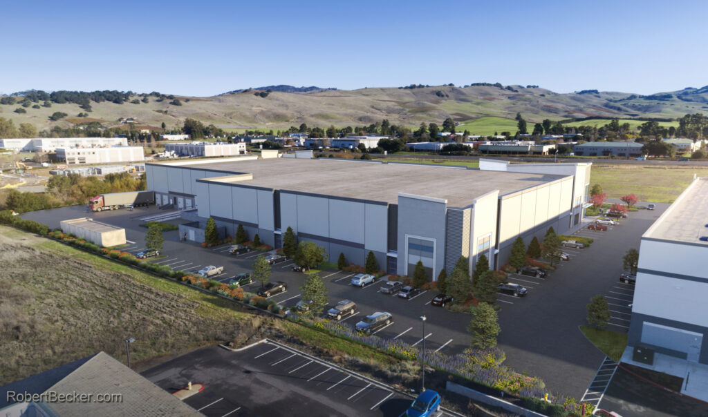 Napa, CA industrial building 3d rendering aerial view for Scannell Properties. Industrial Architecture