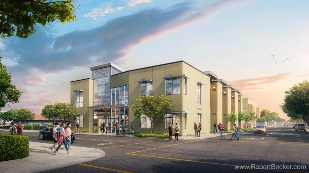 Blue Oak Middle School exterior street corner rendering for Ratcliff. Napa, CA. Education Architecture