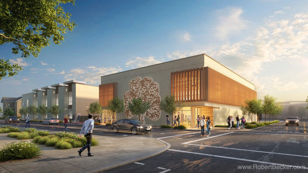 Blue Oak Middle School entry rendering for Ratcliff. Napa, CA. Education Architecture