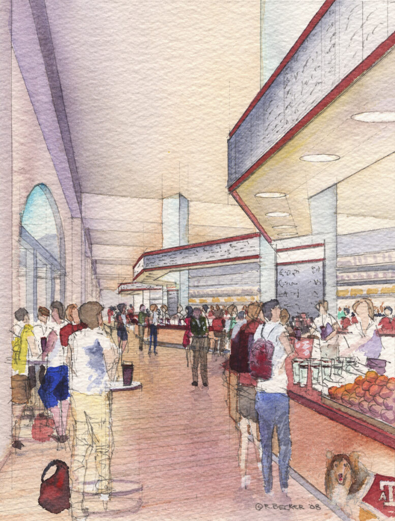 Grab & Go, Texas A+M watercolor rendering for Cox Design. Texas.