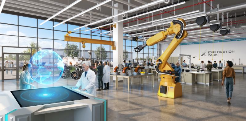 Interior rendering of a robotics and technology lab at Exploration Park, Houston, TX, for ACMI Properties